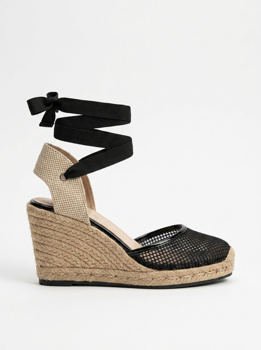 Lions - Black Mesh Leather Wedge Espadrilles Sandal (Women)