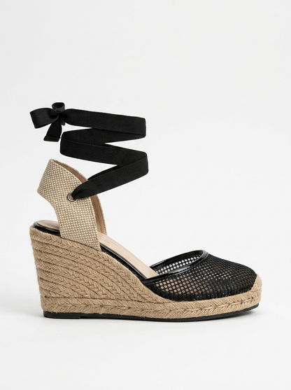 Lions - Black Mesh Leather Wedge Espadrilles Sandal (Women)
