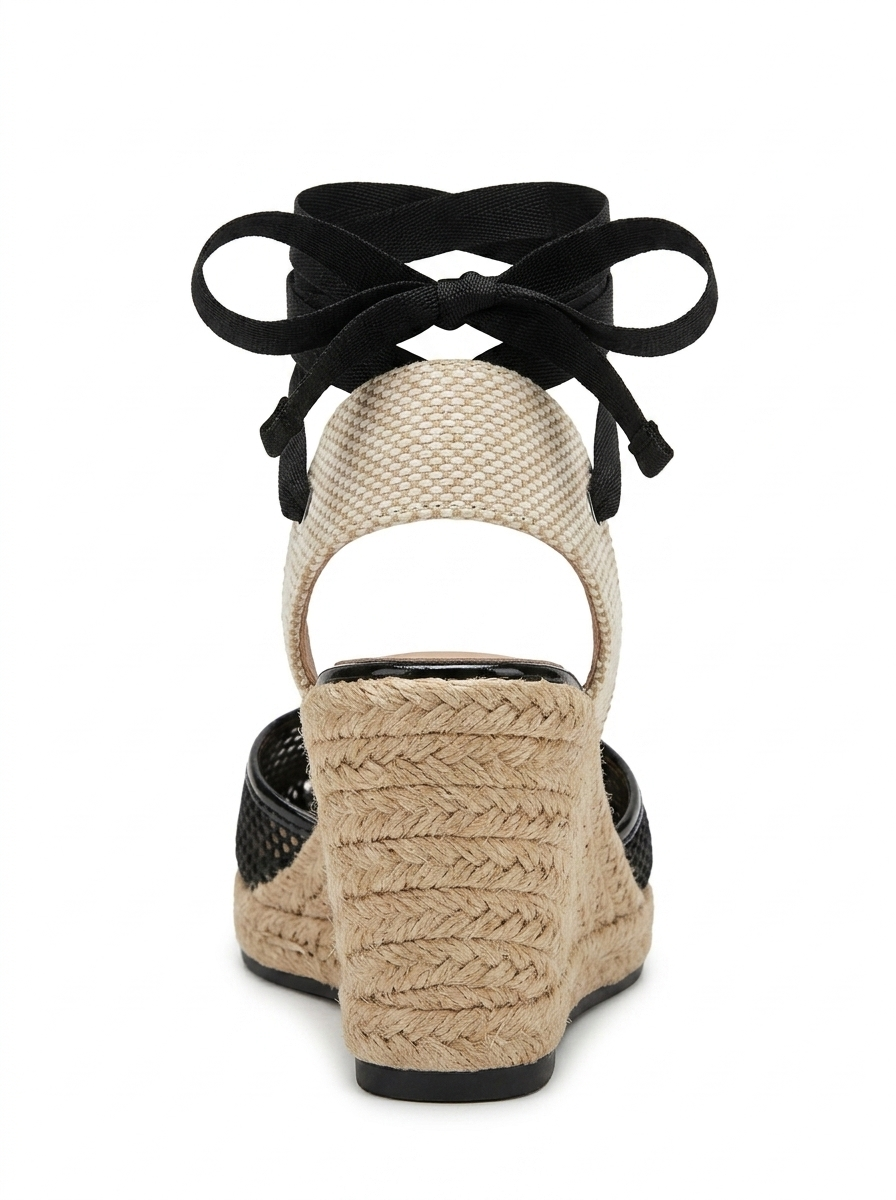 Lions - Black Mesh Leather Wedge Espadrilles Sandal (Women)