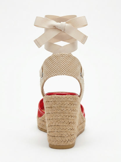 Lions - Red Mesh Leather Wedge Espadrilles Sandal (Women)