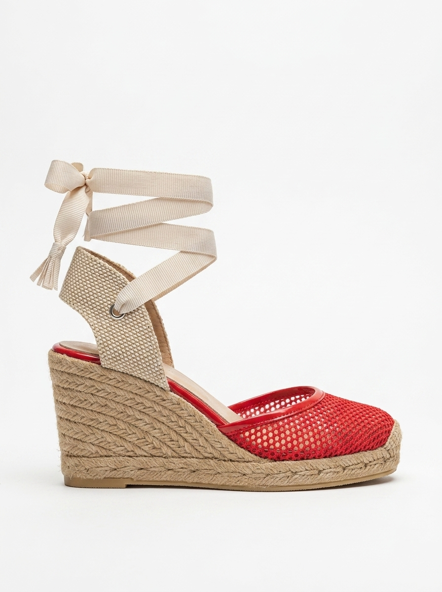 Lions - Red Mesh Leather Wedge Espadrilles Sandal (Women)