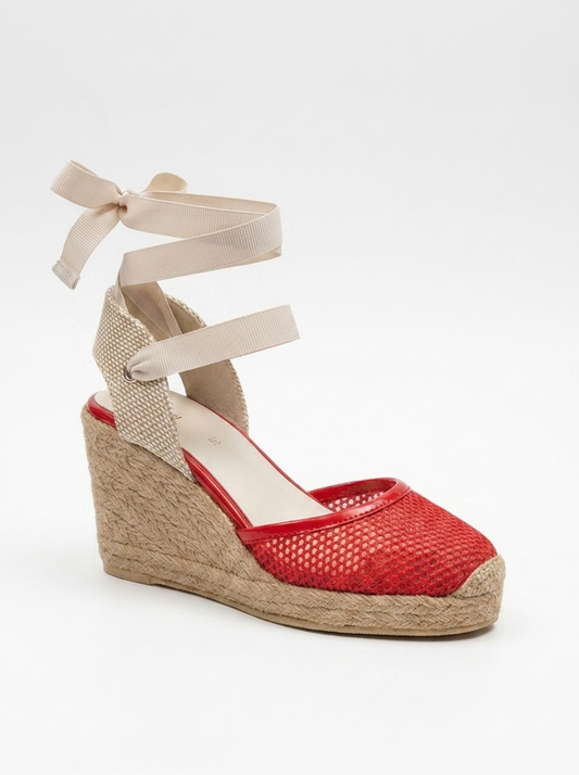 Lions - Red Mesh Leather Wedge Espadrilles Sandal (Women)