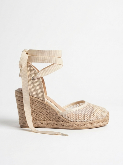 Lions - Beige Mesh Leather Wedge Espadrilles Sandal (Women)