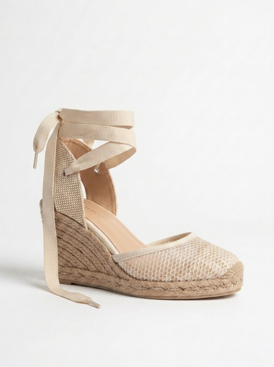 Lions - Beige Mesh Leather Wedge Espadrilles Sandal (Women)