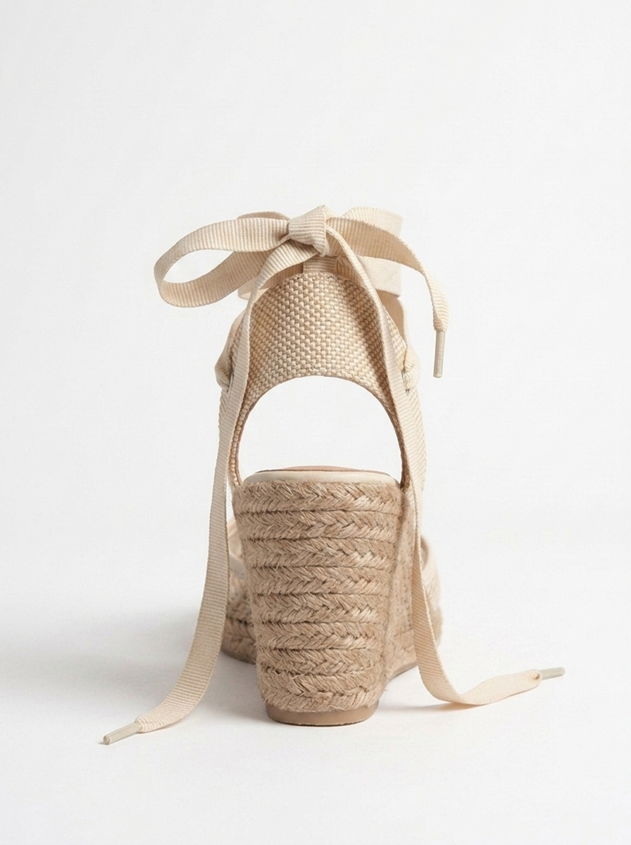 Lions - Beige Mesh Leather Wedge Espadrilles Sandal (Women)