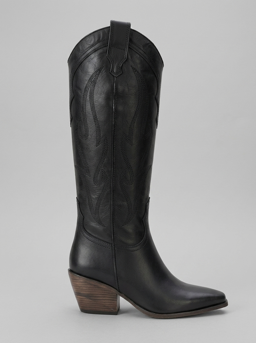Pietro - Bota vaquera alta de cuero negro (Mujer)