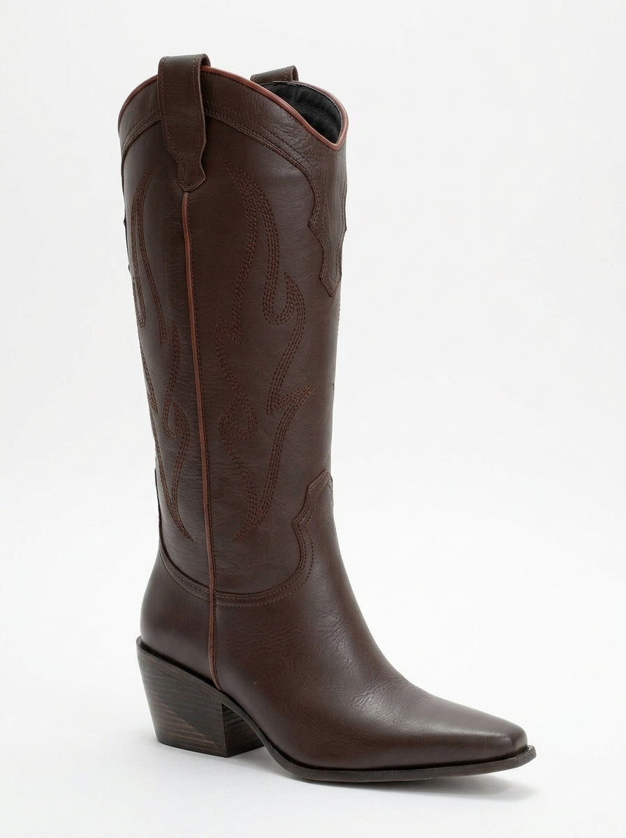 Pietro - Bota vaquera alta de cuero marrón (Mujer)