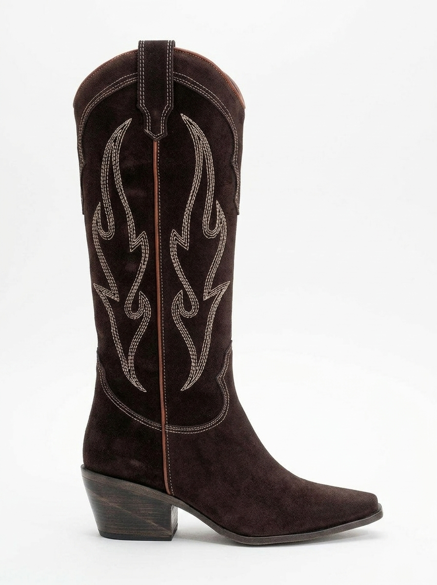 Pietro - Bota alta estilo western de ante marrón oscuro (Mujer)