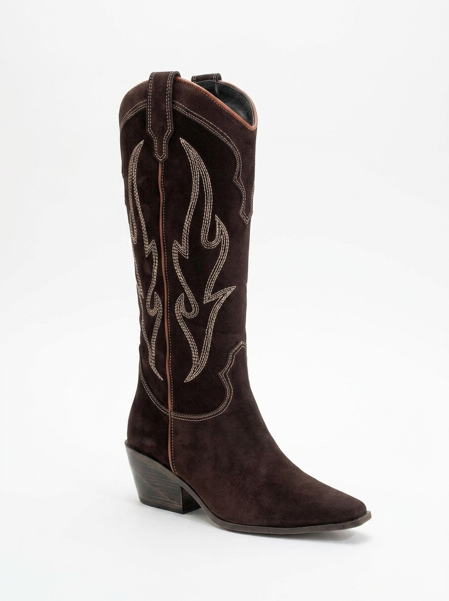 Pietro - Bota alta estilo western de ante marrón oscuro (Mujer)