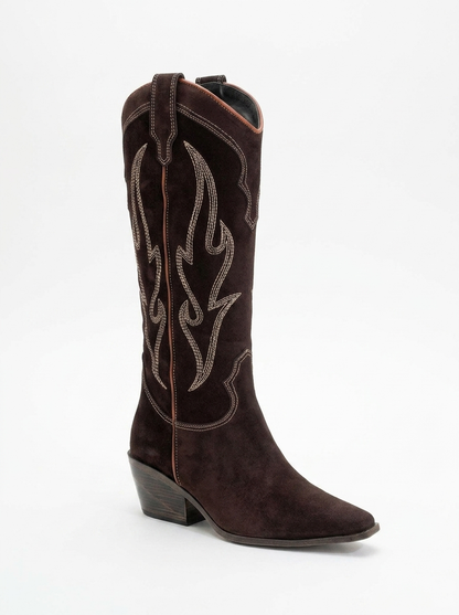 Pietro - Bota alta estilo western de ante marrón oscuro (Mujer)