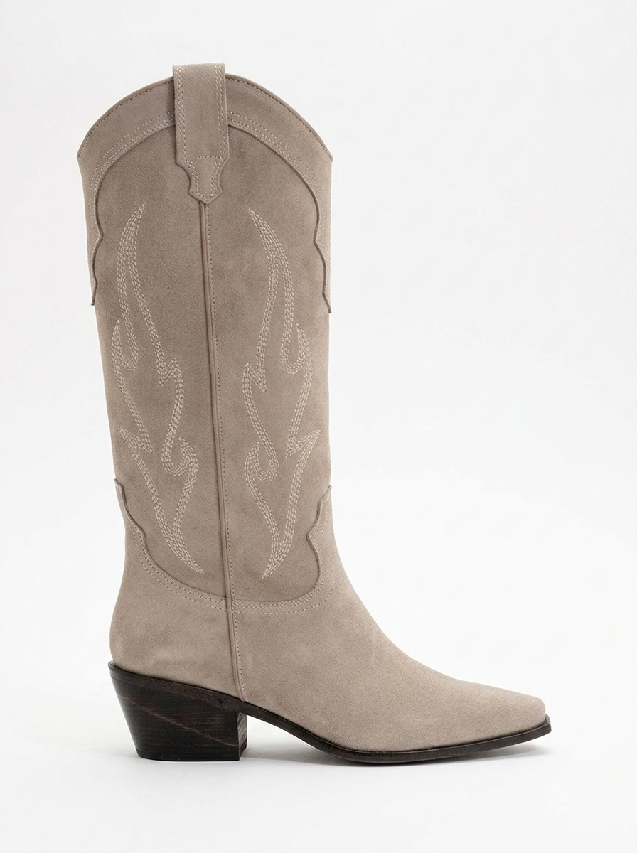 Pietro - Bota vaquera alta de ante beige para mujer