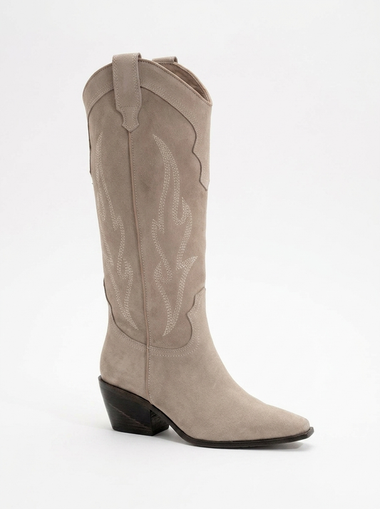 Pietro - Beige Suede Leather Western Knee High Boot (Women)