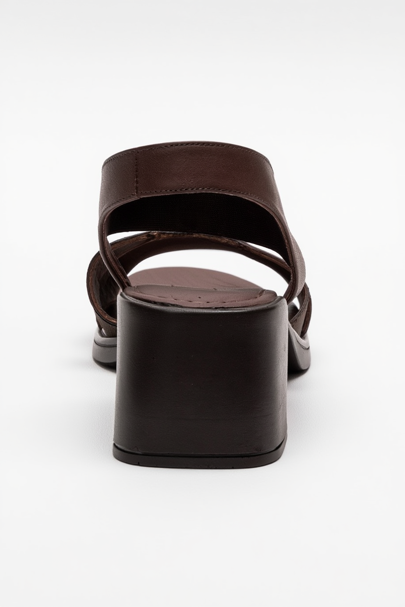 Crina - Brown Genuine Leather Elastic Block Heel Sandal (Women)