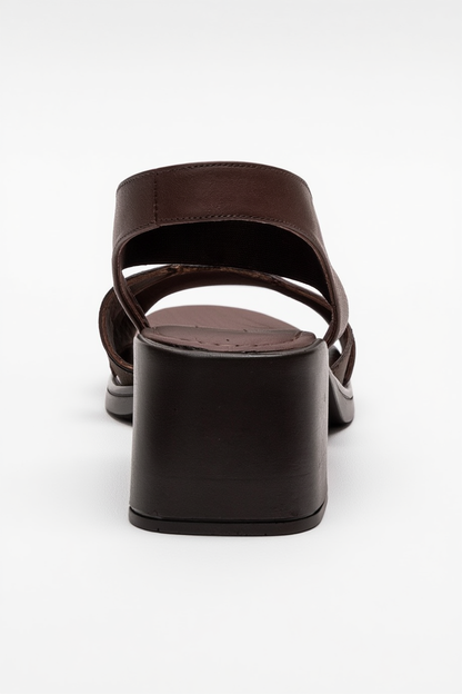 Crina - Brown Genuine Leather Elastic Block Heel Sandal (Women)