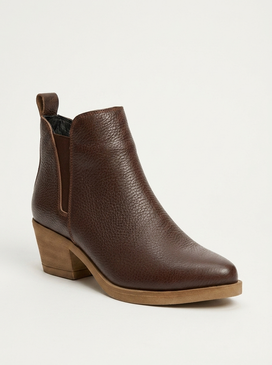 Dovena - Brown Leather Block Heel Ankle Boot (Women)