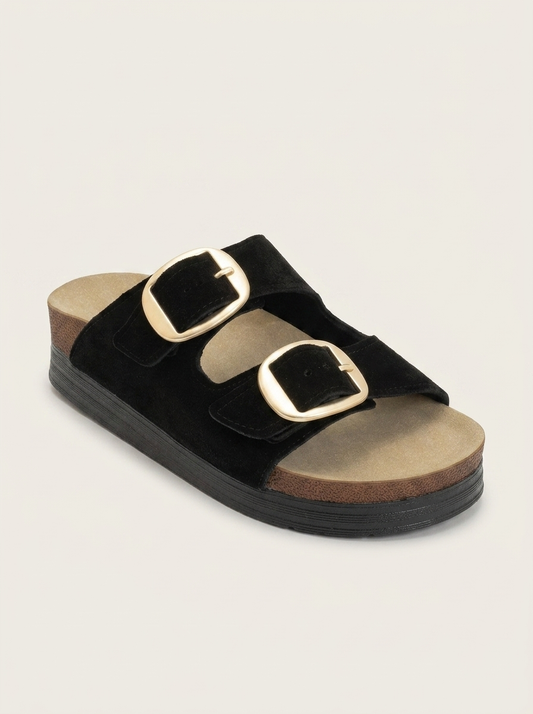 Harbor - Black Suede Leather Two-Strap Sandal (Women)