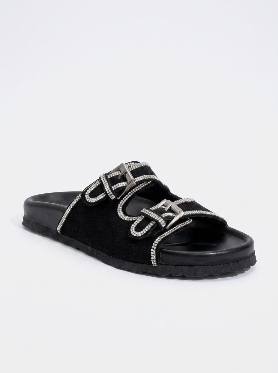 Allen - Black Leather Rhinestone Slide Sandal (Women)