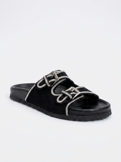 Allen - Black Leather Rhinestone Slide Sandal (Women)