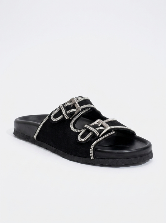 Allen - Black Leather Rhinestone Slide Sandal (Women)