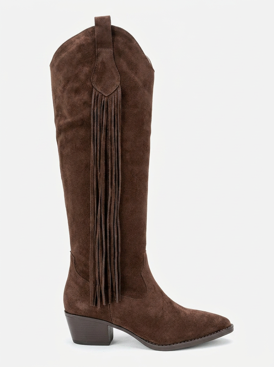 Rios - Bota alta de ante marrón con flecos hasta la rodilla (mujer)