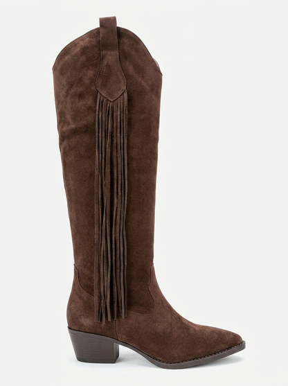 Rios - Bota alta de ante marrón con flecos hasta la rodilla (mujer)