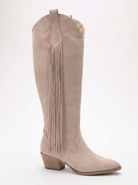 Rios - Beige Suede Leather Fringe Knee High Boot (Women)