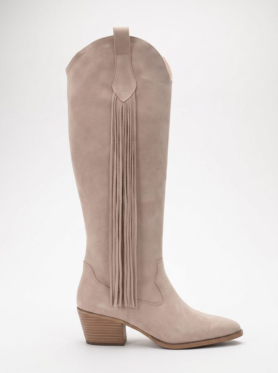 Rios - Bota alta de ante beige con flecos (Mujer)