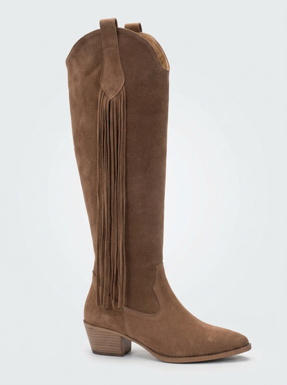 Rios - Botas altas hasta la rodilla de ante color coñac con flecos (Mujer)