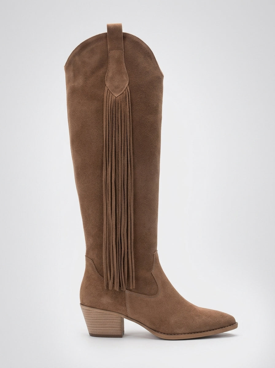 Rios - Botas altas hasta la rodilla de ante color coñac con flecos (Mujer)