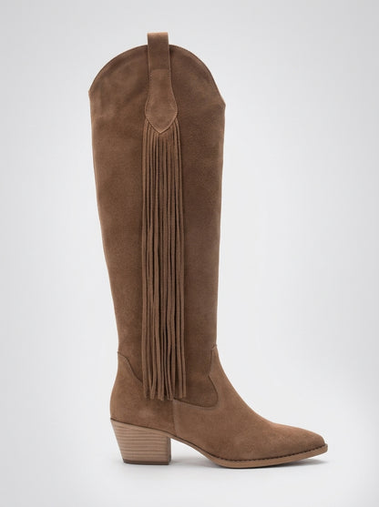 Rios - Botas altas hasta la rodilla de ante color coñac con flecos (Mujer)