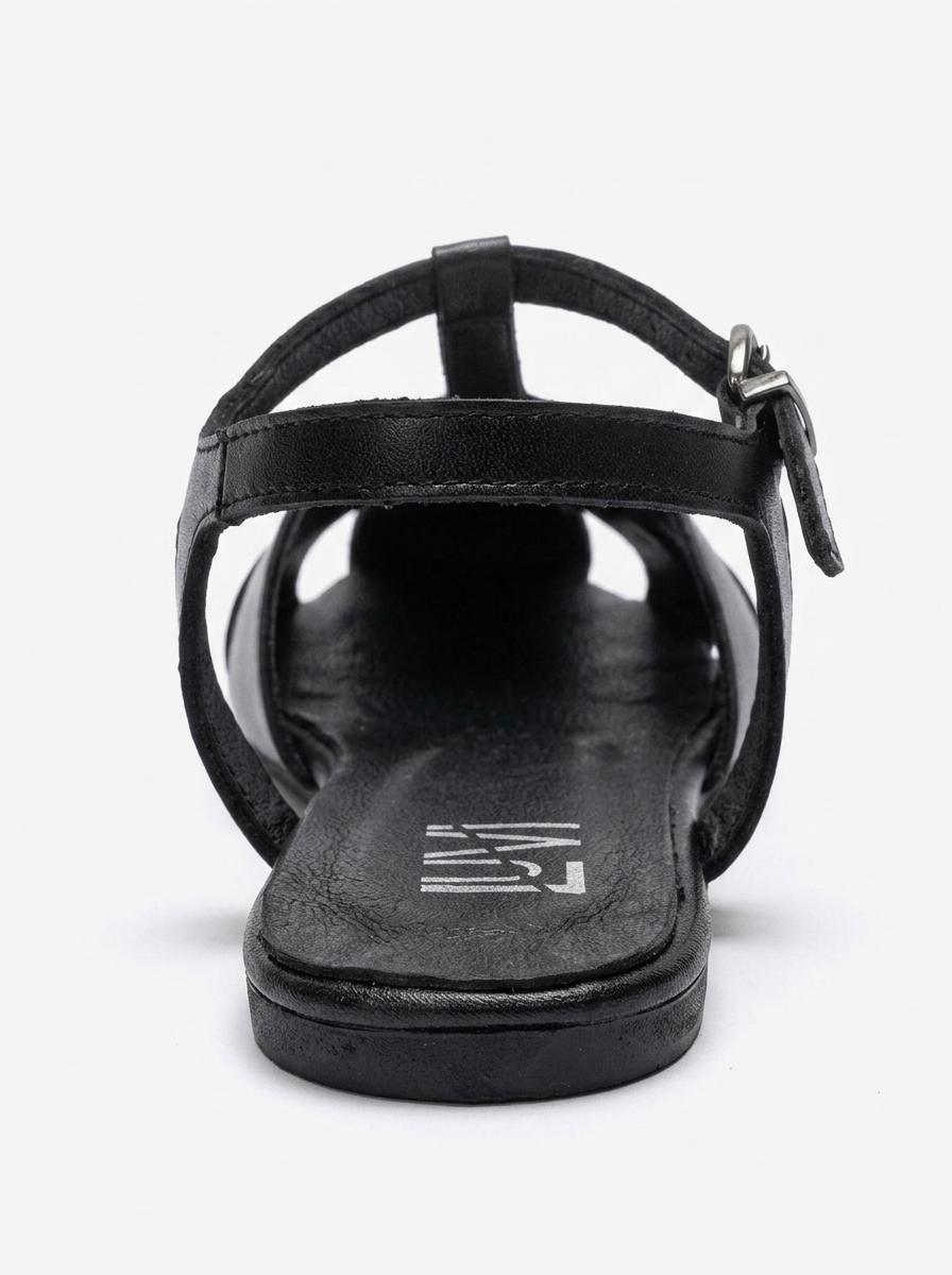 NATHALIE - Black Genuine Leather Ankle-Strap Flat Sandal (Women)