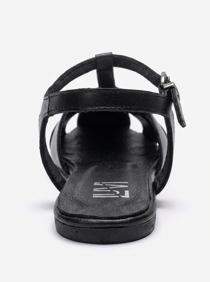 NATHALIE - Black Genuine Leather Ankle-Strap Flat Sandal (Women)
