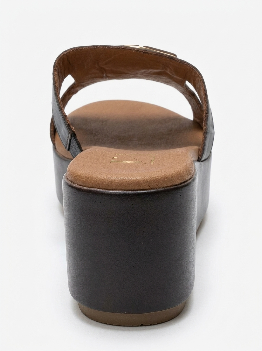 HIOLA - Brown Genuine Leather Buckle Wedge Slide (Women)