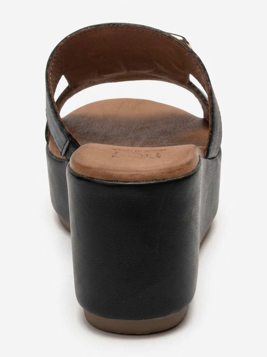 HIOLA - Black Genuine Leather Platform Wedge Slide (Women)