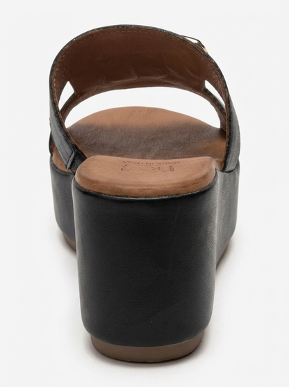 HIOLA - Black Genuine Leather Platform Wedge Slide (Women)