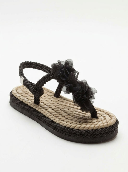 SANTRA Black Lace-Up Thong Sandals (Women)