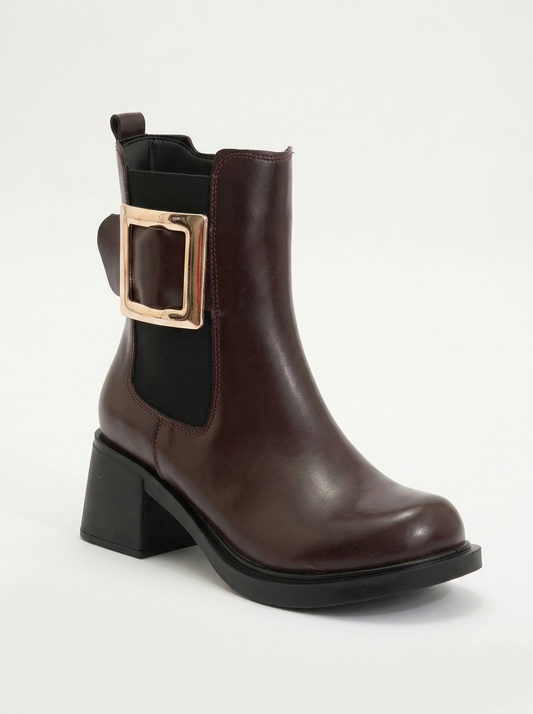 Moriah - Burgundy Buckle Elastic Block Heel Boot (Women)