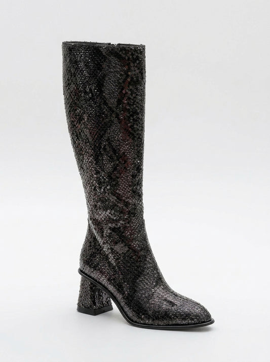 Elly Black Pattern Block Heel Boot (Women)