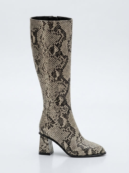 Elly Black White Pattern Block Heel Boot (Women)