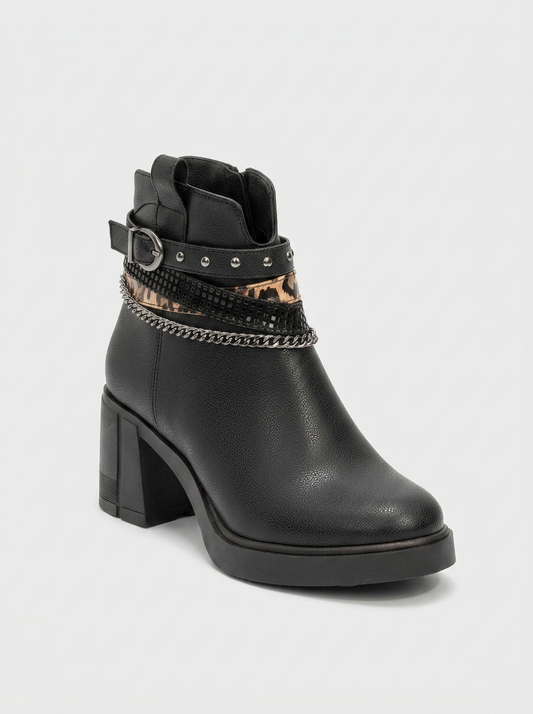 Boliva - Black Buckled Chain Block Heel Boot (Women)
