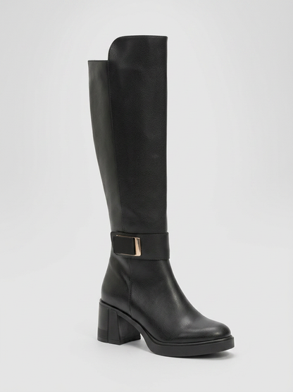 Moreni - Bota alta hasta la rodilla elástica negra con hebilla y tacón de bloque (Mujer)