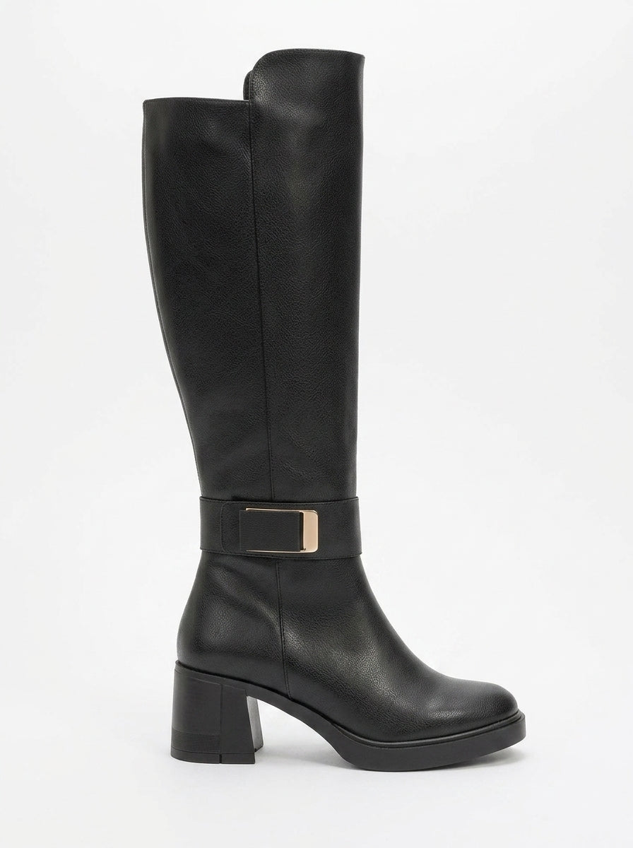 Moreni - Bota alta hasta la rodilla elástica negra con hebilla y tacón de bloque (Mujer)