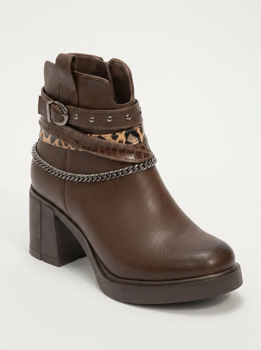 Boliva - Brown Buckled Chain Block Heel Boot (Women)