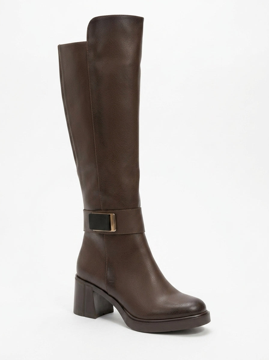 Bota alta Moreni con tacón de bloque y hebilla elástica color coñac (mujer)
