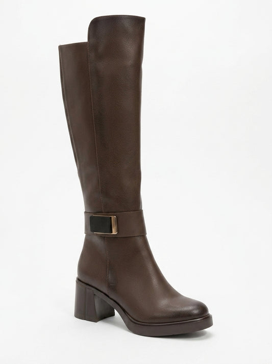 Moreni - Cognac Stretch Buckle Block Heel Knee-High Boot (Women)