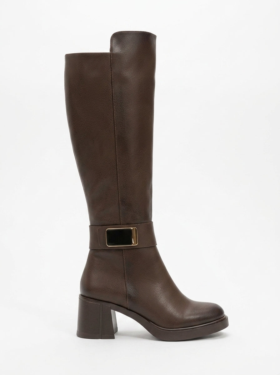 Bota alta Moreni con tacón de bloque y hebilla elástica color coñac (mujer)