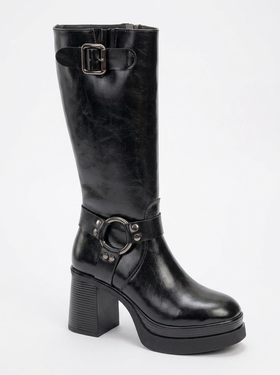Rock - Bota de tacón en bloque con cremallera y hebilla negra (Mujer)