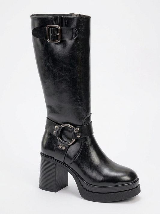 Rock - Black Buckle Zip Block Heel Boot (Women)