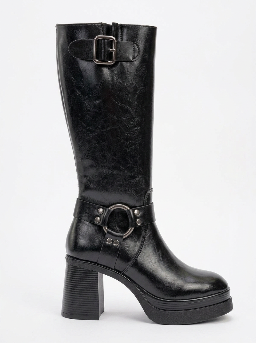 Rock - Bota de tacón en bloque con cremallera y hebilla negra (Mujer)