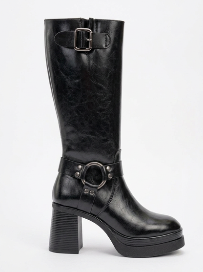 Rock - Bota de tacón en bloque con cremallera y hebilla negra (Mujer)